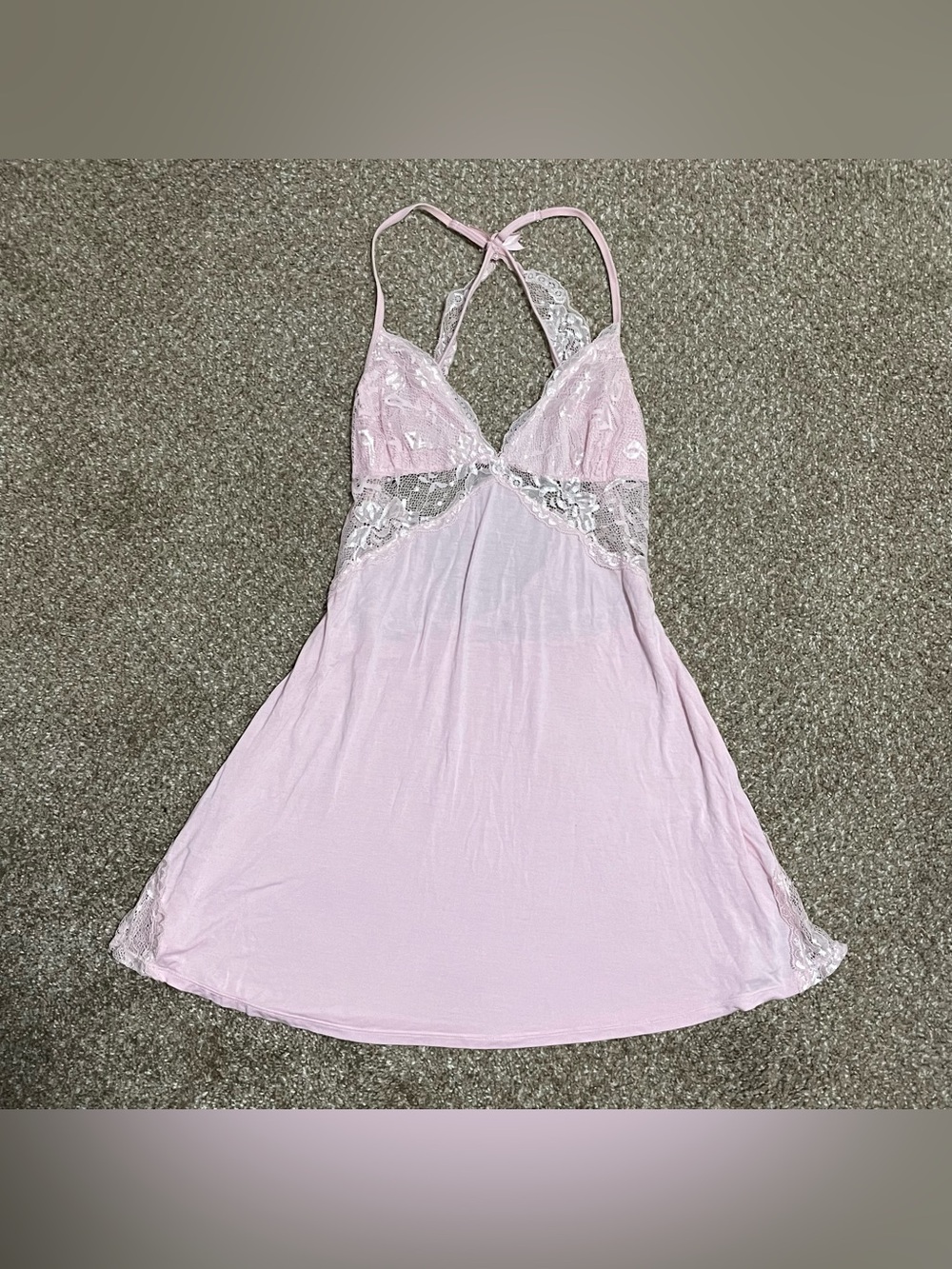 Women’s Pink Lace Open Back Mini Dress Ribbon Details Size M